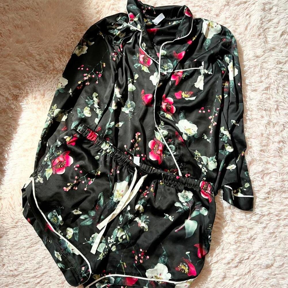 Black Floral Whimsygoth Dark Academia Witchy Retro Pinup Lounge Satin Pajama Set
